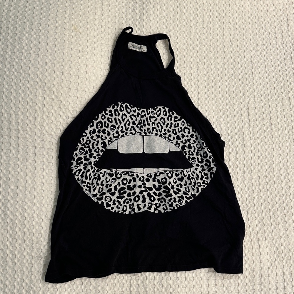 Lauren Moshi Black Tank Top with Leopard Print Lips